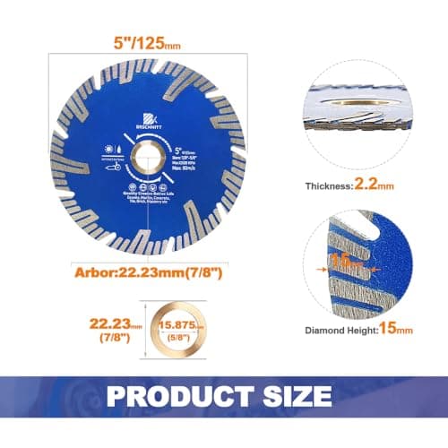 Diamond Turbo Cutting Blade 5",BRSCHNITT 2pcs Diamond Saw Blade for Granite,Marble,Concrete,Porcelain Tile,Ceramic Tile,Masonry - Thumbnail 3