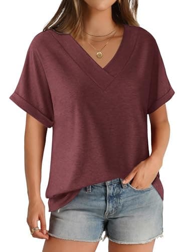 GKBK Womens Short Sleeve T Shirts V Neck Loose Fit Shirts Summer Casual Basic Tee Tops WineRed XL - Image 1