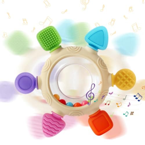 VTECHOLOGY Baby Teething Rings Toys for 0-6 6-12 Months Baby Rattle Teether Sensory Toys for Babies 0-24Months Silicone Teether Relief Chew Soothing Sore Gums for Newborn Infant Essentials BPA Free - Thumbnail 6