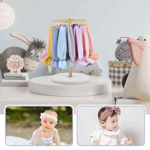 Planetgreen 360° Rotating Headband Holder for Baby Girls - Gold Hair Bow Organizer Display Stand with 30 Hooks - Spinning Hair Accessories Storage Rack for Nursery Room, Dresser & Vanity Table - Thumbnail 3