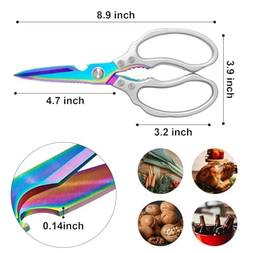 CGBE Kitchen Scissors, Multi-Purpose Kitchen Shears, Heavy Duty Dishwasher Safe Food Scissors for Chicken, Poultry, Fish, Meat & Herbs with Non-Slip Grips - Sliver Colorful - Thumbnail 3