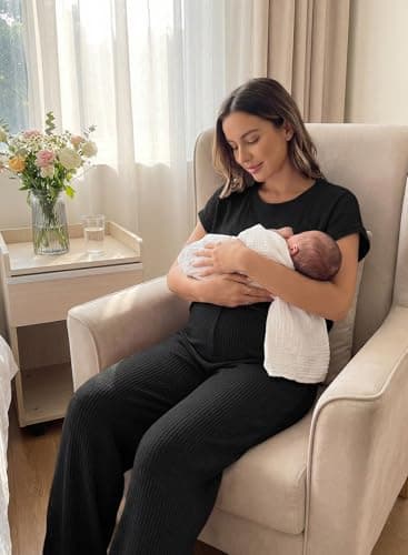 BLENCOT Maternity Clothes Ribbed Knit Lounge Set Short Sleeve Top and Long Pants Maternity Sleepwear Pajamas Sets Two Piece Matching Outfits Set Black 2XL - Thumbnail 6