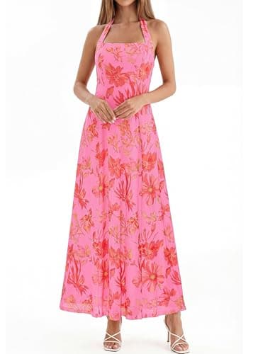 KIRUNDO Women Halter Floral Maxi Dress 2026 Summer Wedding Guest Cocktail Party Sleeveless A Line Beach Vacation Sundress(Pink, XX-Large) - Thumbnail 3