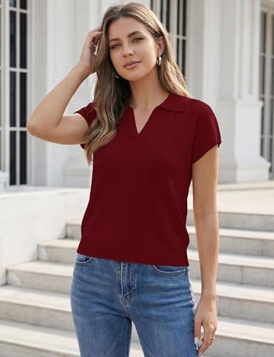 LaGracia Cropped Sweaters for Women Short Sleeve Collared Polo Sweaters Cap Sleeve Business Casual Crop Tops Spring Summer Outfits DarkRed L - Thumbnail 2