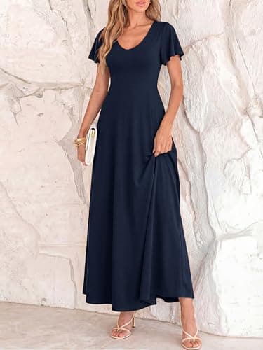 BTFBM Formal Dresses for Women Summer Outfits V Neck Ruffle Sleeve A Line Maxi Elegant Cocktail Wedding Guest Dress 2026(Navy, Large) - Thumbnail 6