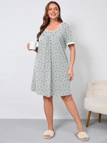 AusLook Plus Size Women's Nightgown 4X Bow Tie Grey Short Sleeve Sleep Dress Sleepwear Soft Sleepshirts Pleated Scoopneck Nightshirt Sleep shirts with Pockets - Thumbnail 5