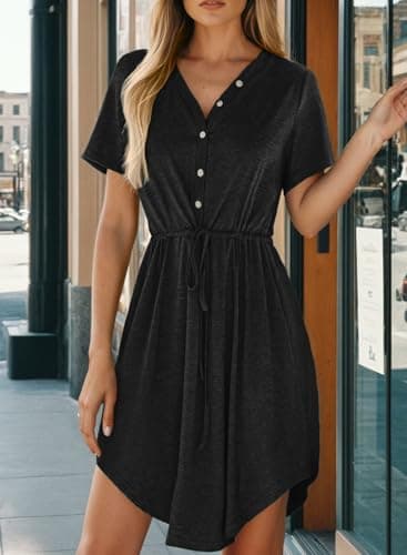 Dokotoo Womens Dresses Spring Summer Resort Wear 2026 Drawstring Waist Cute Babydoll Tunic Dress Casual Short Sleeve Mini Dress Holiday Outfits Sundress Shift Dress Plus Size Black Dresses for Women S - Thumbnail 6