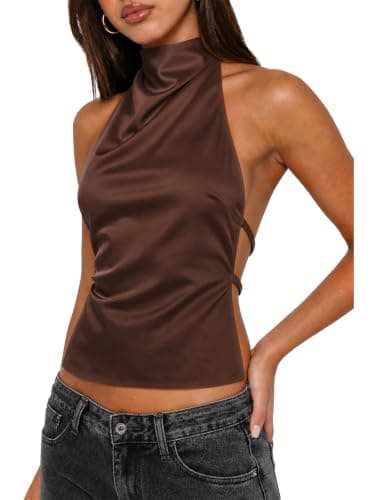 Matunana Women Satin Halter Tops Going Out Mock Neck Backless Tank Top - Image 1
