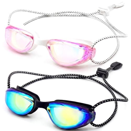 Aegend Swim Goggles for Kids Youth Teen 3-14 Anti-Fog Anti-UV Comfort Fit for Swimming(Bungee Strap) (Black/Gold & White/Gold-2 Pack)