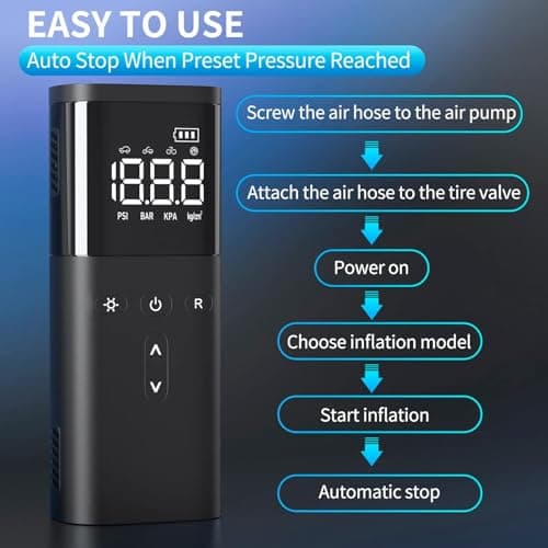 Tire Inflator Portable Air Compressor, Air Pump for Car Tires, Cordless Air Compressor 120 PSI - One Click Smart, Tire Pump for Car, Motorcycle, Bicycle, Balls, with Pressure Gauge, LED Light - Thumbnail 5