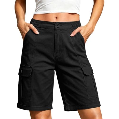 Womens Bermuda Shorts Knee Length, Casual High Waisted Wide Leg Short Women, Relaxed Fit Lightweight Women's Cargo Shorts with Multi Pockets for Summer, Hiking, Fishing, Working Black M - Image 1