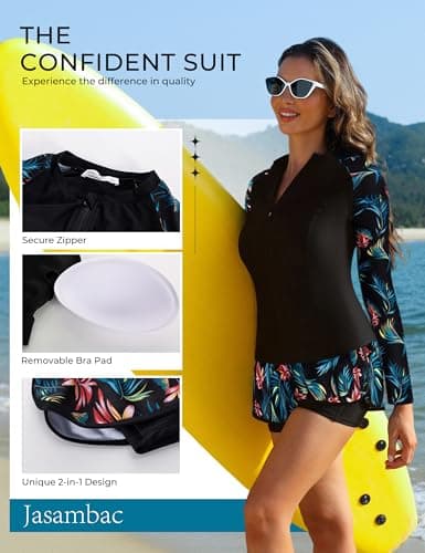 Women's Swim Shirt with Supportive Built-in Bra Tummy Control High-Rise Swim Shorts Printed Swim Suit Traje De Baño Mujer Blue Leaves S - Thumbnail 4