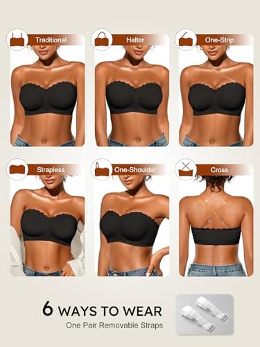 Cuteio Strapless Bras for Women, Front Closure Anti-Slip Comfortable Bandeau Top, Wavy Edge Padded Bra Black - Thumbnail 6
