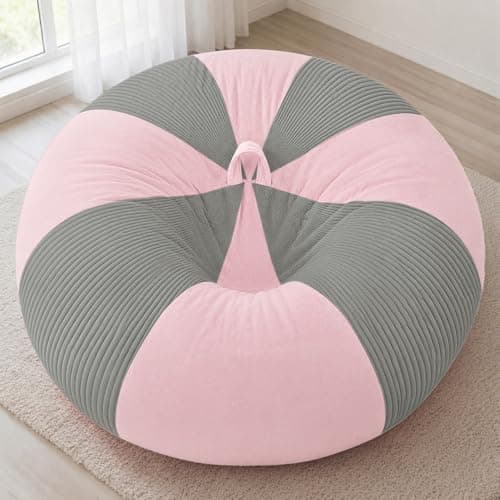 Homguava 6FT Bean Bag Chairs for AdultsTeardrop BeanBag Chair Comfy Memory Foam Bean Bags Two-Tone Distressed Velvet&Corduroy, Washable Cover for Living Room, Home (Corduroy, Light Grey/Pink) - Thumbnail 3