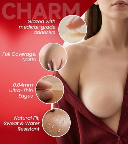 Seamless Invisible Nipple Covers for Women, 2 Pairs Reusable Ultra-thin Sticky Silicone Pasties, Washable Adhesive Breast Petals with Travel Case for Daily Wedding Swimwear Strapless Outfits - Thumbnail 2