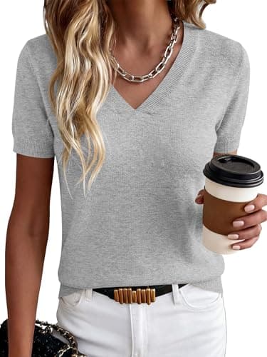 ANRABESS Women Short Sleeve Sweaters Wool Blend V Neck Sweater Shirts Business Casual Work Tops 2026 Summer Vacation Outfits Light Grey X-Large
