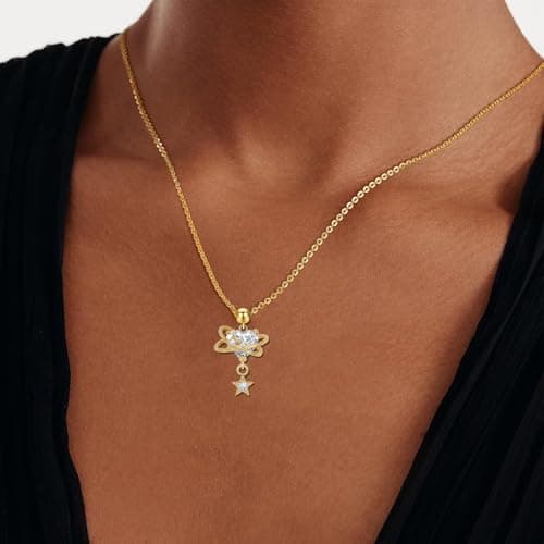 Aohik Gold Plated Necklace for Women,Heart Planet Copper with CZ Heart & Star Pendant, Romantic Celestial Jewelry Gift, Dainty Cosmic Love Necklace for Anniversary Valentine’s Day Birthday - Thumbnail 4