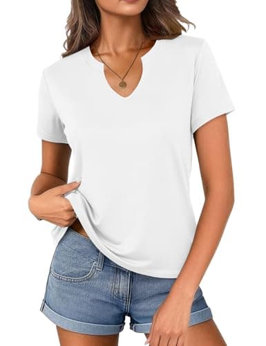 Women's V Neck Cotton T-Shirts Breathable Short Sleeve Tops Lightweight Stretch Summer Tees (White,Small) - Image 1
