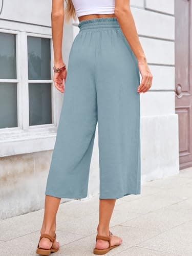 KORSIS Women Capri Pants Wide Leg High Waisted Casual Spring Dressy Palazzo Vacation Beach Tie Belt Trousers with Pockets Blue Gray Large - Thumbnail 6