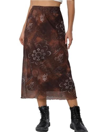 Avanova Women's Ditsy Floral High Waisted Skirts Lettuce Trim Summer Fall Boho Midi Skirt A Brown E X-Small - Image 1
