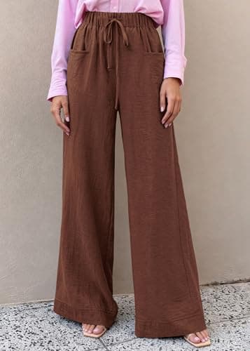 KIRUNDO Wide Leg Palazzo Pants for Women Summer High Waist Flowy Casual Trousers Lounge Pants Beach Vacation Travel Outfits (Brown, Large) - Thumbnail 2