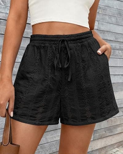 KIRUNDO Lace Shorts for Women Summer Cute Boho Eyelet Elastic Waist Drawstring Casual Lounge Shorts Beach Vacation Outfits(Black, Large) - Thumbnail 3