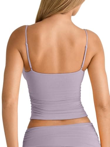 PINKMSTYLE Women's Summer Deep V-Neck Ruched Crop Tank Top Sexy Sleeveless Double Lined Crop Top Lavender Large - Thumbnail 6
