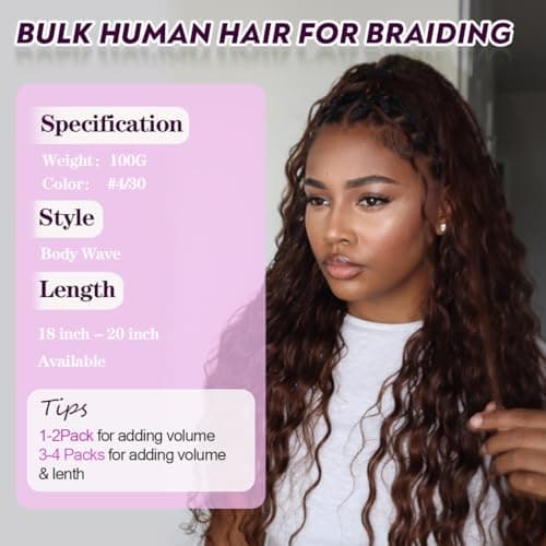 MsFan Boho Human Hair 100G 100% Brazilian Human Braiding Hair Body Wave #4/30 Human Hair for Boho Braids 20 Inch - Thumbnail 2