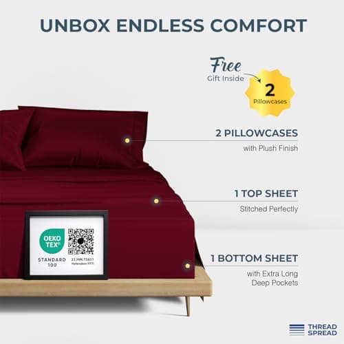 THREAD SPREAD 100% Egyptian Cotton King Size Sheets Set - Luxury 1500 Thread Count Egyptian Cotton Sheets King Size, 17" Deep Pocket, Soft, Cooling Sateen Weave Hotel Quality Bedding Set - Burgundy - Thumbnail 3