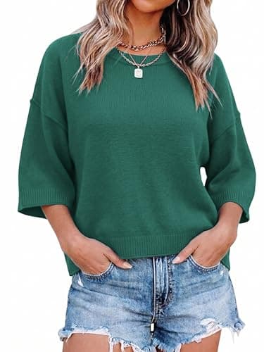LaGracia Womens Short Sleeve Sweaters Loose Fit Oversized Cropped Sweaters Knit Crop Summer Tops Crew Neck Casual Knitted Top 2026 Aquamarine XL - Image 1