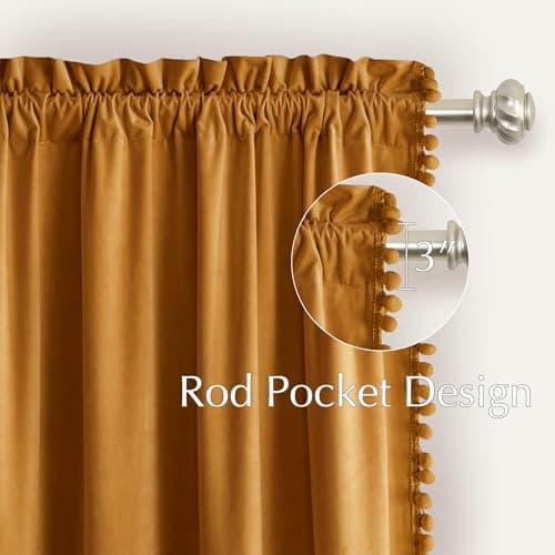 NICETOWN Mustard Gold Pom Pom Velvet Curtains 8 ft Long - Room Darkening Luxurious Drapes for Living Room & Bedroom, Extra Long Window Treatments, 52" W x 96" L, 2 Panels - Thumbnail 5