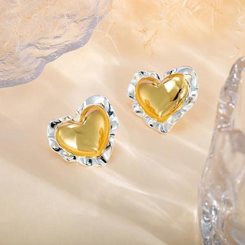 Freekiss Chunky Gold and Silver Heart Stud Earrings for Women,14K Gold Plated Irregular Heart Love Drop Earrings, Trendy Bold Geometric Jewelry Gift - Thumbnail 5