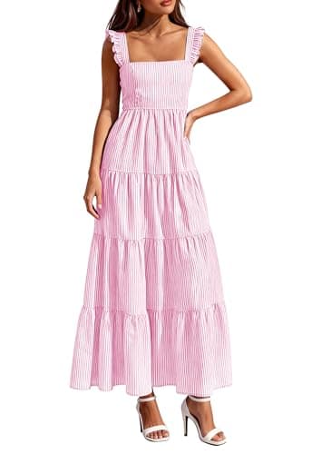 PRETTYGARDEN Womens 2026 Summer Casual Maxi Dresses Striped Square Neck Sleeveless Boho Flowy Sundress Beach Vacation Clothes (Pink,Small) - Image 1