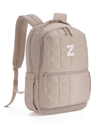 WANDF Initial Laptop Backpack for Women, Quilted Puffer 14 Inch College Backpack, Personalized Water-Resistant Travel Backpack Daypack (Khaki Z) - Image 1