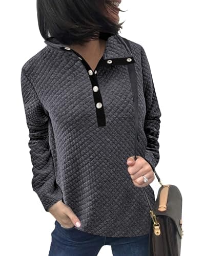 BTFBM Womens Sweatshirt 2026 Fall Quilted Pattern Lightweight Zipper Long Sleeve Tops Casual Pullover Winter Clothing(Buttons Grey, X-Large) - Image 1