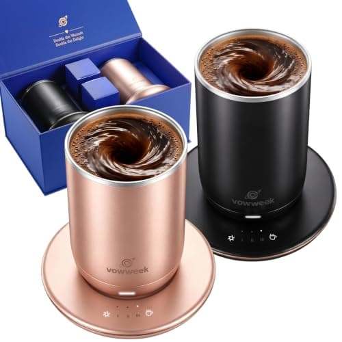 Self Heated Stirring Mugs Set of 2, 10oz Cups with Warmer, Black & Rose
