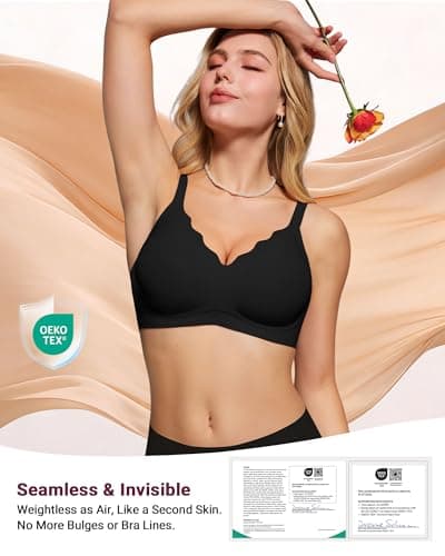 As Fairy Wireless Bras for Women No Underwire Full Coverage Jelly Lift Strong Support Push Up Scalloped Everyday Tshirt Bra Seamless Soft Daily Wear Breathable Air Hole Design(Black 42C) - Thumbnail 5
