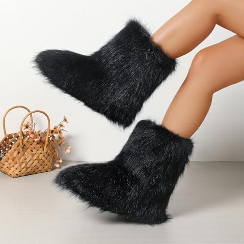 Dufnfn Women's Faux Fur Boots Size 9 - Mid-Calf Winter Snow Boots with Fluffy Lining, Y2K Fashion Warm Shoes for Women （black） - Thumbnail 5