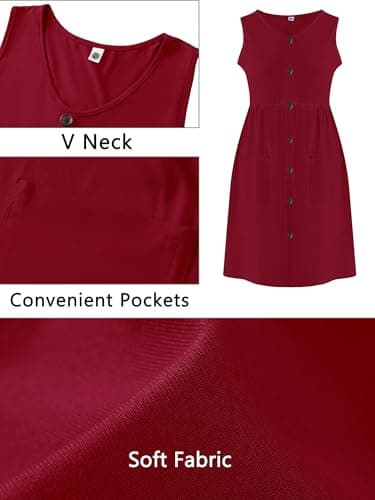 AusLook Plus Size Women Summer Dress Sleeveless V Neck Casual Cute Loose Sundress Burgundy 4X Comfy Swing Button Down Midi Work Flowy Tunic Ladies Beach Vacation Teacher Dresses with Pockets - Thumbnail 5