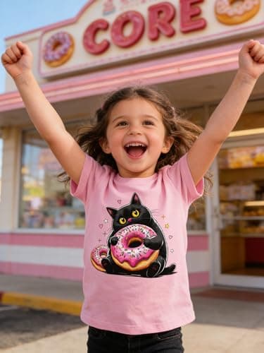 Funnycokid Little Girls Shirt Size 6 7 Kids Pink Tees Black Cat Donuts Animal Children Cute T-Shirt Graphic Short Sleeve Clothes Tops - Thumbnail 4