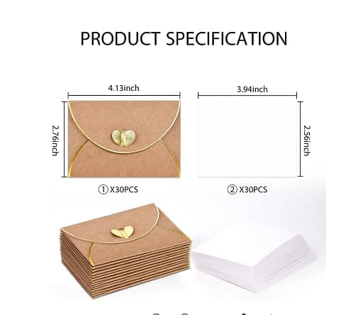 30 Pcs Mini Envelopes With Gold Heart Shaped Clasp, Mini Envelopes With Blank Cards For Wedding Birthday Greeting Cards Graduation（4.13 x 2.76 inch） - Thumbnail 5
