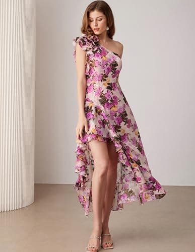GRACE KARIN Women Summer One Shoulder Sleeveless Dresses Floral Ruffle High Low Wedding Guest Sundresses Apricot Pink 12 - Thumbnail 3