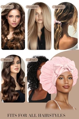 Vettres Satin Hair Bonnet for Sleeping Double Layer Bonnet with Tie Band Glittering Mesh Sleep Cap for Curly Natural Hair Pink - Thumbnail 6
