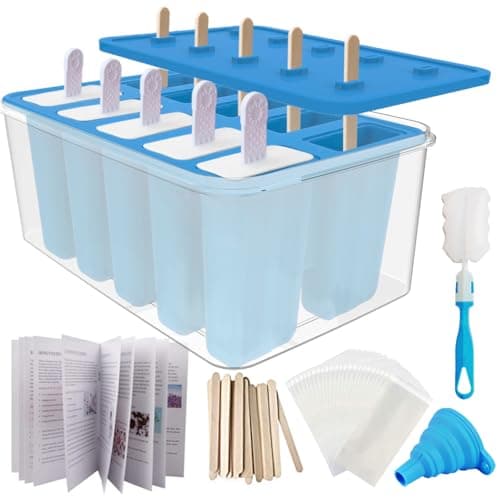 Miaowoof Homemade Popsicle Molds, 10-Cav Non-BPA Silicone Ice Pop Maker, with 50 Sticks, 50 Bags, 10 Reusable Sticks, Funnel, Brush and Ice Pop Recipe (Blue+Bin) - Image 1