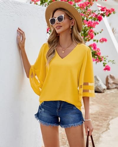 LookbookStore Women Vneck Mesh Panel Work T Shirts for Women V Neck Casual 3/4 Flared Bell Sleeve Blouse Dressy Casual Top Loose Business Office Blouse Tops Gold Lemon Size Large - Thumbnail 5