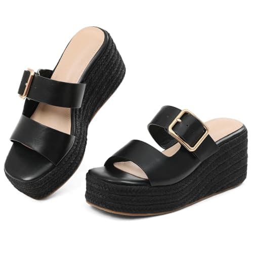 Tarkwa Platform Wedges Sandals for Women Summer Slip on Espadrille Flatform Slides Open Toe Adjustable Buckle Bohemia Beach Raffia Beach Sandals Black Size 9.5 - Thumbnail 4