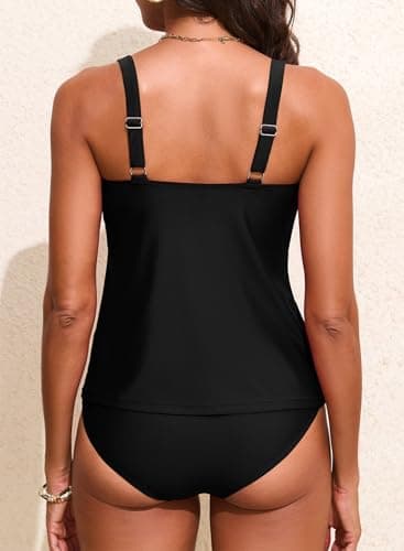 Aleumdr Trendy Ruched Swimsuit Tankini for Women Tummy Control 2 Piece Bathing Suits Drawstring V Neck Swim Tops with High Waisted Bottoms Black Large - Thumbnail 3