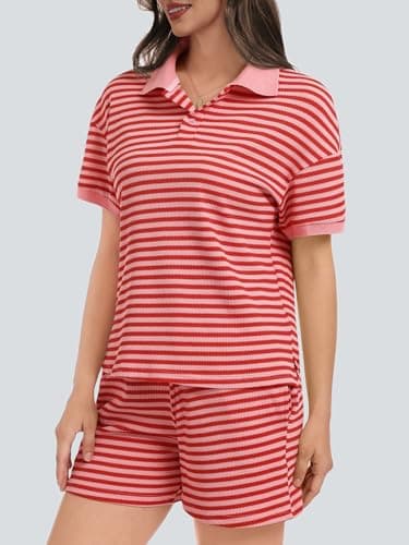Casly Lamiit Lounge Set for Women Travel Outfits 2026 Summer Spring Color Block Tee Shirts Striped Shorts Beach Sets Two Piece Going Out Resort Wear Red Pink S - Thumbnail 3