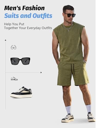 JEMLDL Men's 2 Piece Acid Wash Tank Tops and Shorts Lounge Lightweight Cotton Sweatsuit Fashion Clothing Set Olive XXL - Thumbnail 4