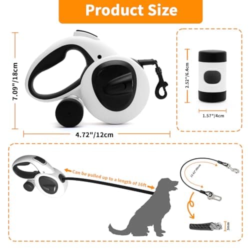 COSOWO Retractable Dog Leash with USB Rechargeable LED Light, 16 ft Heavy Duty Dog Lead with Poop Bag Holder & Steel Cable, Leash for Small Medium Large Dogs, White - Thumbnail 5
